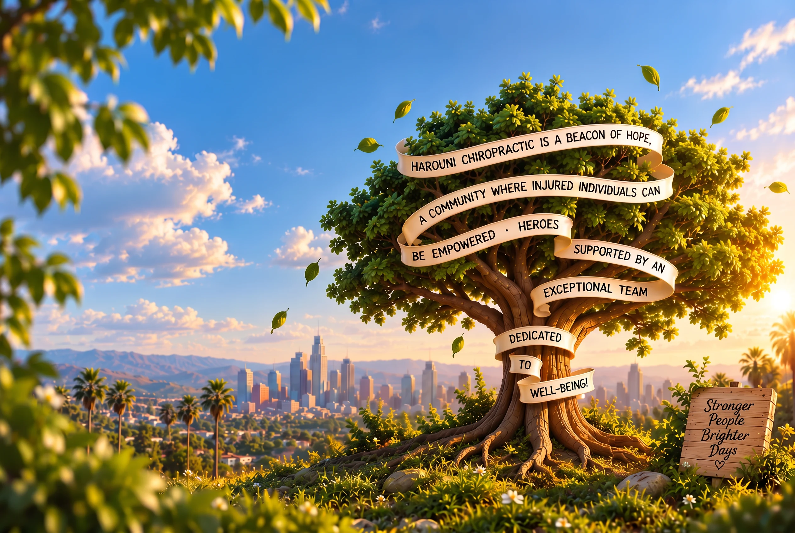 A majestic oak tree wrapped in a cream ribbon reading 'Harouni Chiropractic is a beacon of hope, a community where injured individuals can be empowered — heroes supported by an exceptional team dedicated to well-being', with the Los Angeles skyline behind it