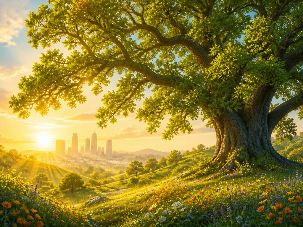 A glowing oak tree overlooking the Los Angeles skyline at sunrise — a healthier, brighter you